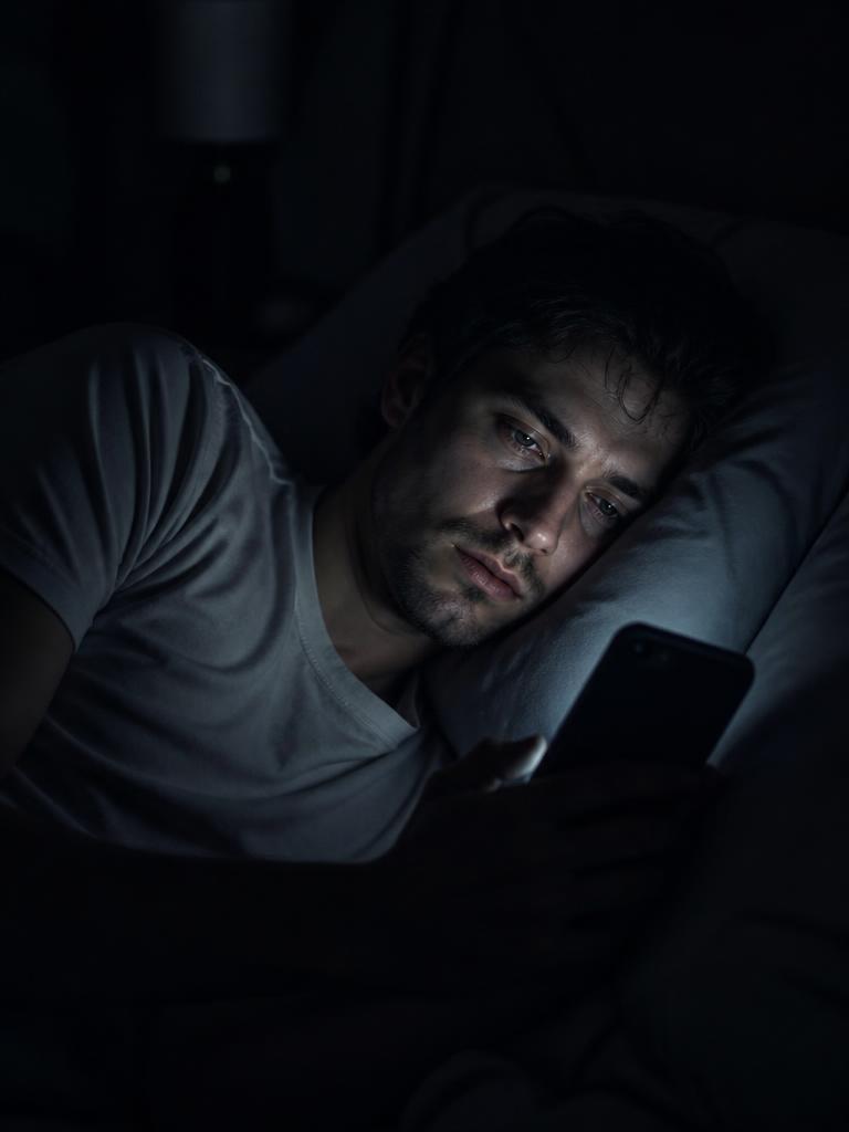 Homem triste deitado na cama olhando o celular em quarto escuro