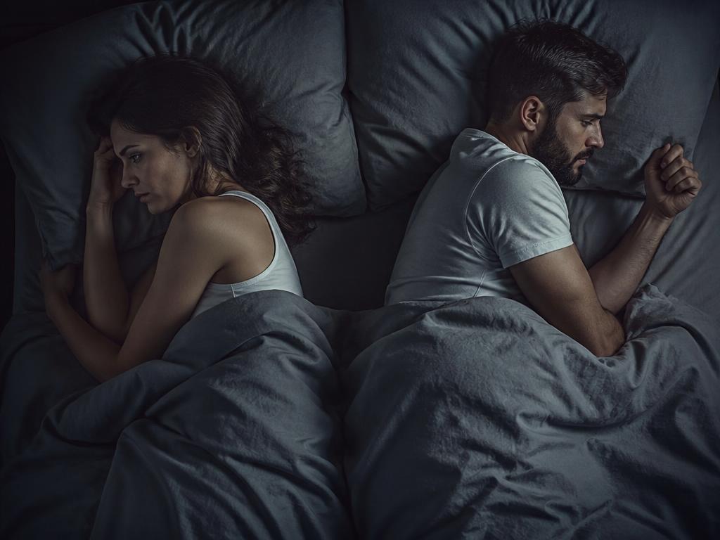 Casal deitado de costas um para o outro em quarto escuro