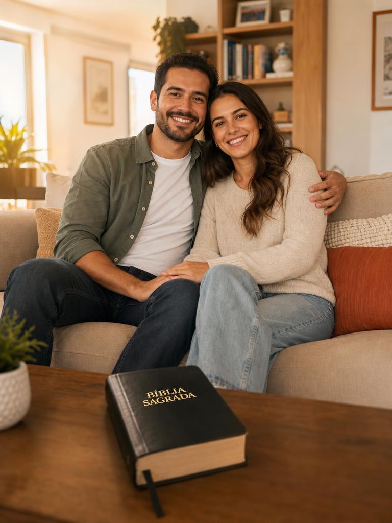 Homem feliz ao lado da esposa na sala com uma Bíblia Sagrada sobre a mesa