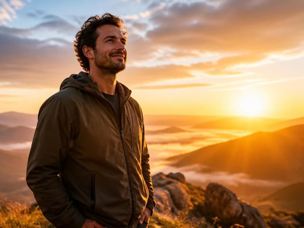 Homem livre e confiante ao amanhecer